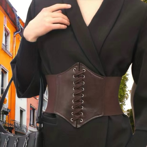 Vintage Style Brown Faux‎ Leather Lace Up Elastic Girdle Casual Wide Waistband - Picture 1 of 8